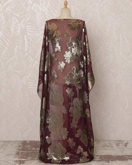 Burgundy Somali Silk (Fransawi) Chiffon Dirac Fabric with Gold Metallic Lurex, 3.5 Meters, 140 cm Width, France-D20893