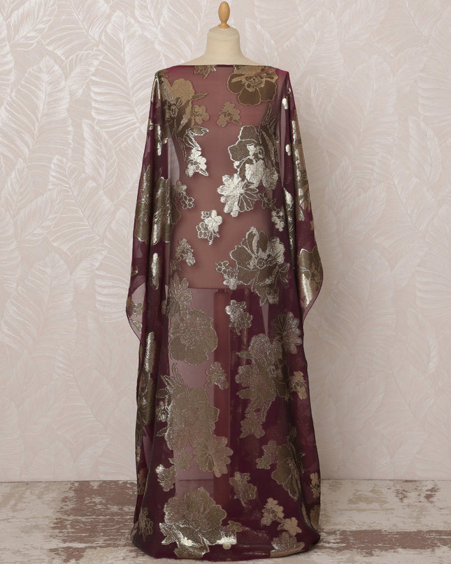 Burgundy Somali Silk (Fransawi) Chiffon Dirac Fabric with Gold Metallic Lurex, 3.5 Meters, 140 cm Width, France-D20893