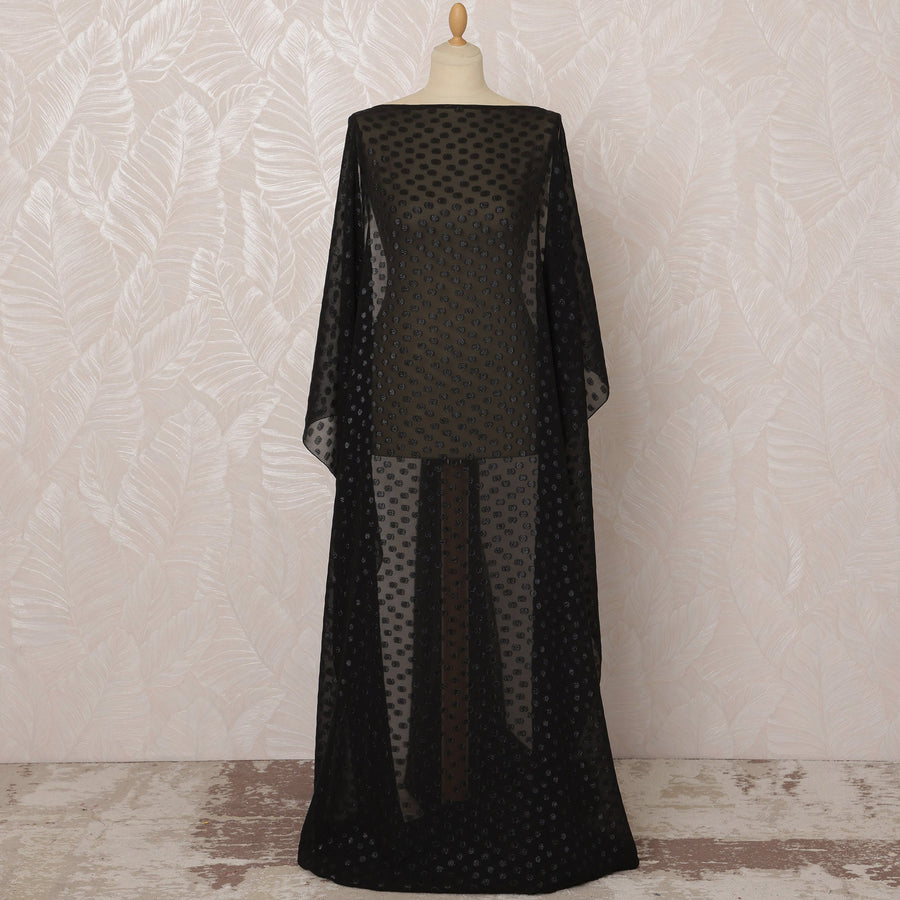 Black Somali Silk (Fransawi) Chiffon Dirac Fabric with Black Metallic Lurex, 3.5 Meters, 140 cm Width, France-D20894