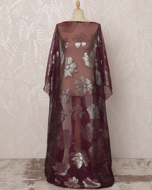 Maroon Somali Silk (Fransawi) Chiffon Dirac Fabric with Metallic Silver Lurex, 3.5 Meters, 140 cm Width, France-D20895