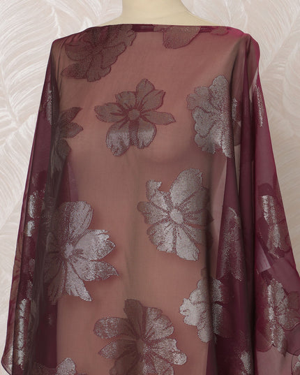 Maroon Somali Silk (Fransawi) Chiffon Dirac Fabric with Metallic Silver Lurex, 3.5 Meters, 140 cm Width, France-D20895