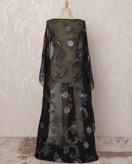 Black Somali Silk (Fransawi) Chiffon Dirac Fabric with Metallic Silver Lurex, 3.5 Meters, 140 cm Width, France-D20896