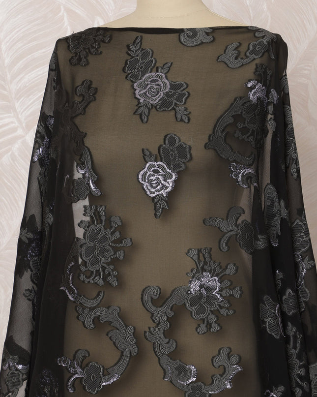 Black Somali Silk (Fransawi) Chiffon Dirac Fabric with Metallic Silver Lurex, 3.5 Meters, 140 cm Width, France-D20896