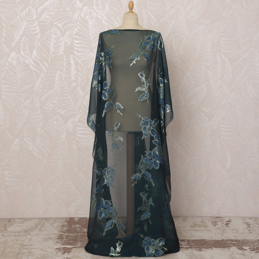 Deep Green Somali Silk (Fransawi) Chiffon Dirac Fabric with Metallic Blue and Silver Lurex, 3.5 Meters, 140 cm Width, France-D20897