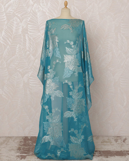 Turquoise Somali Silk (Fransawi) Chiffon Dirac Fabric with Silver Metallic Lurex, 3.5 Meters, 140 cm Width, France-D20898