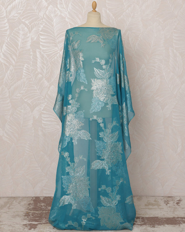 Turquoise Somali Silk (Fransawi) Chiffon Dirac Fabric with Silver Metallic Lurex, 3.5 Meters, 140 cm Width, France-D20898