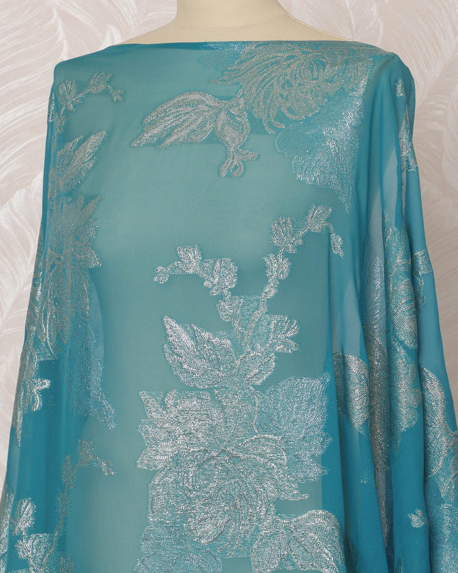 Turquoise Somali Silk (Fransawi) Chiffon Dirac Fabric with Silver Metallic Lurex, 3.5 Meters, 140 cm Width, France-D20898