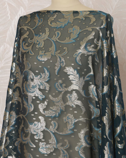 Teal Blue Somali Silk (Fransawi) Chiffon Dirac Fabric with Silver Metallic Lurex, 3.5 Meters, 140 cm Width, France-D20899