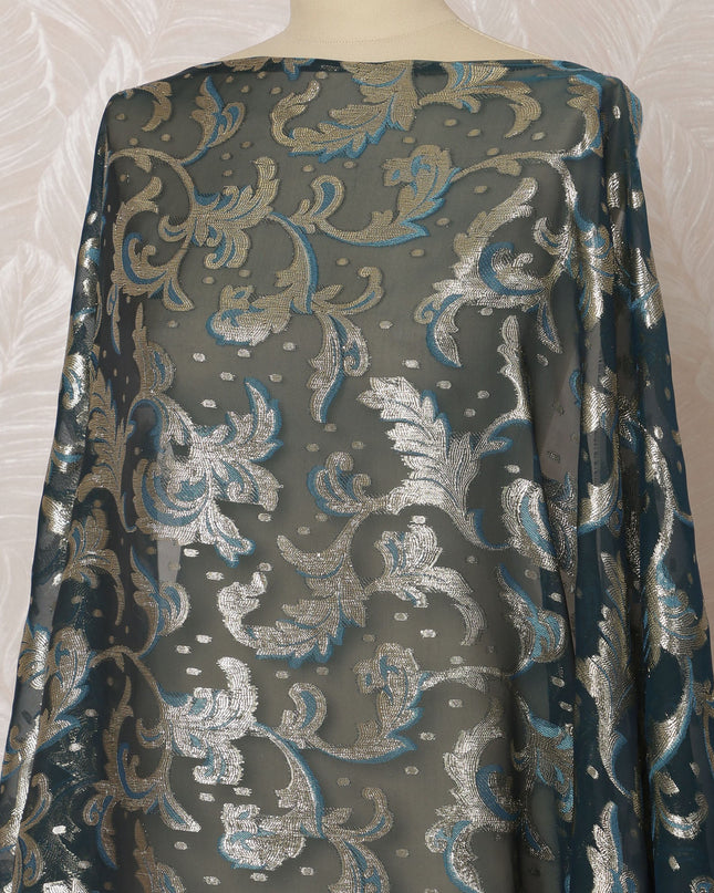 Teal Blue Somali Silk (Fransawi) Chiffon Dirac Fabric with Silver Metallic Lurex, 3.5 Meters, 140 cm Width, France-D20899