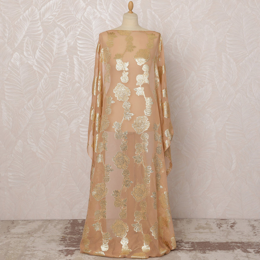 Peach Somali Silk (Fransawi) Chiffon Dirac Fabric with Gold Metallic Lurex, 3.5 Meters, 140 cm Width, France-D20900