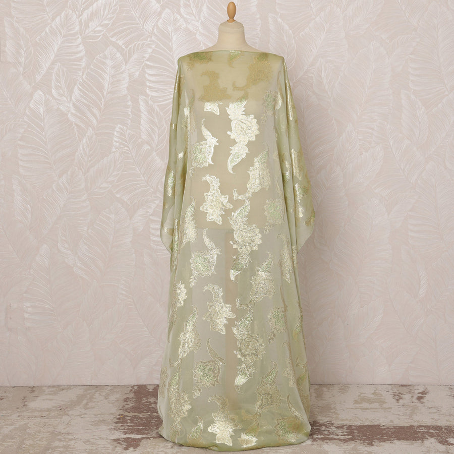 قماش شيفون ديراك من الحرير الصومالي (الفرنسوي) باللون الأخضر الفاتح مع لوركس معدني، 3.5 متر، عرض 140 سم - D20902