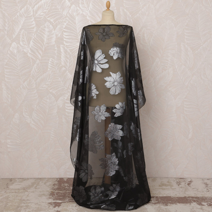 قماش شيفون ديراك من الحرير الصومالي الأسود (الفرنسوي) مع لوركس معدني، 3.5 متر، عرض 140 سم - D20905