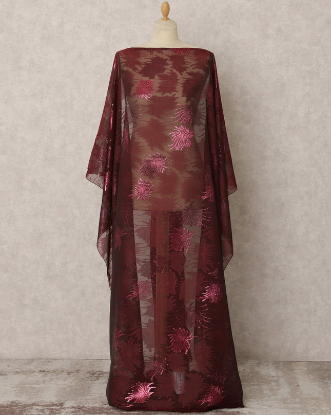 Maroon Fransawi Silk Chiffon Dirac fabric with Metallic Lurex in Abstract Design - 3.5 Meters X 140 Cms-D21596