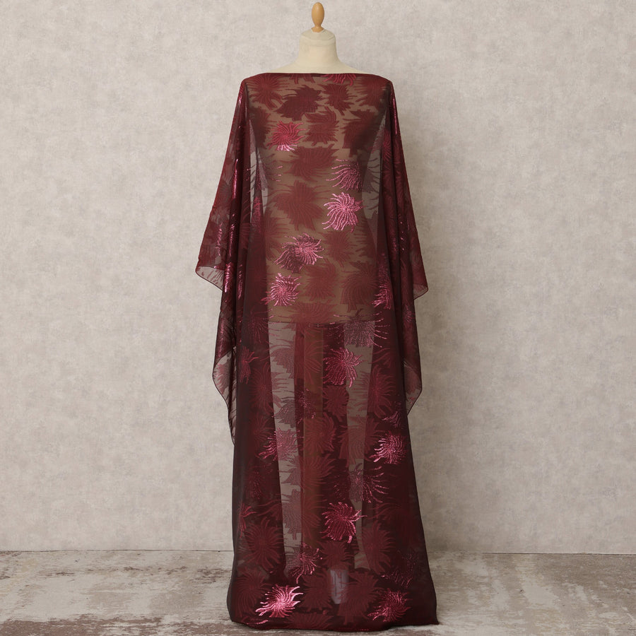 Maroon Fransawi Silk Chiffon Dirac fabric with Metallic Lurex in Abstract Design - 3.5 Meters X 140 Cms-D21596