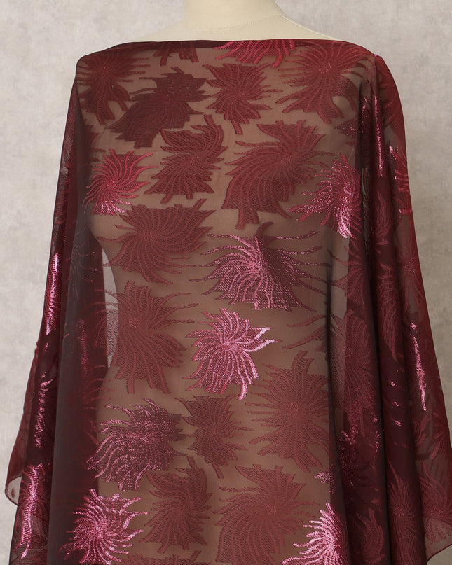 Maroon Fransawi Silk Chiffon Dirac fabric with Metallic Lurex in Abstract Design - 3.5 Meters X 140 Cms-D21596