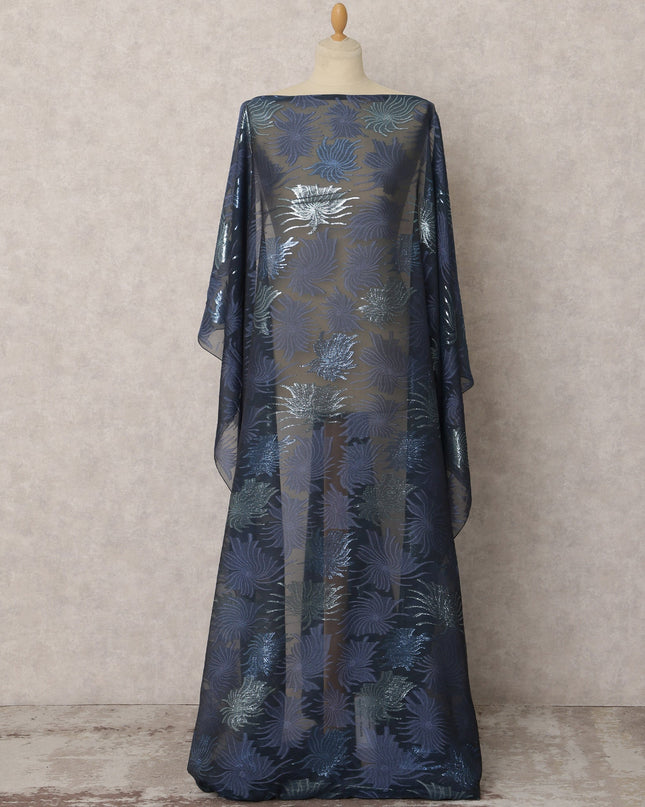 Navy Blue Fransawi Silk Chiffon Dirac fabric with Metallic Lurex in Abstract Design - 3.5 Meters X 140 Cms-D21597