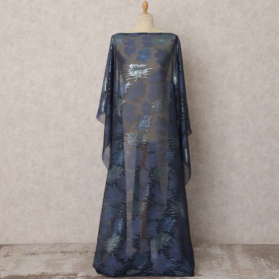 Navy Blue Fransawi Silk Chiffon Dirac fabric with Metallic Lurex in Abstract Design - 3.5 Meters X 140 Cms-D21597