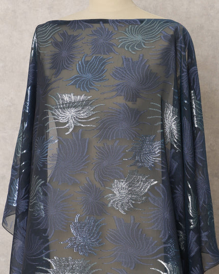 Navy Blue Fransawi Silk Chiffon Dirac fabric with Metallic Lurex in Abstract Design - 3.5 Meters X 140 Cms-D21597