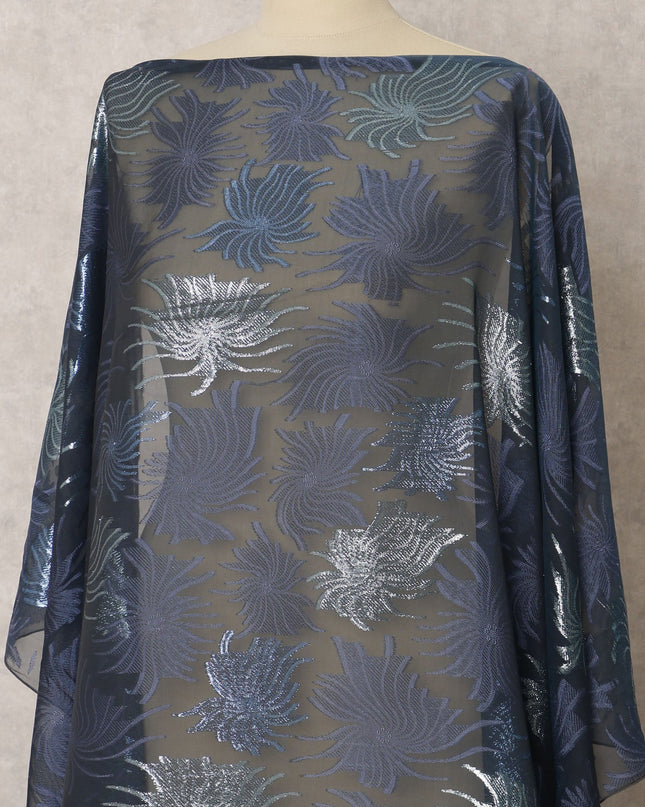 Navy Blue Fransawi Silk Chiffon Dirac fabric with Metallic Lurex in Abstract Design - 3.5 Meters X 140 Cms-D21597