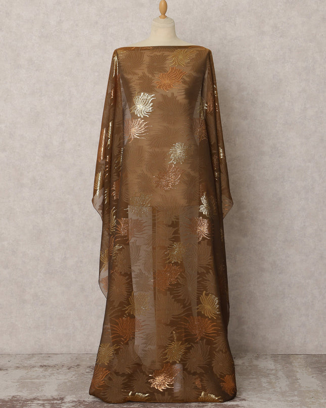 Brown Fransawi Silk Chiffon Dirac fabric with Metallic Lurex in Abstract Design - 3.5 Meters X 140 Cms-D21598