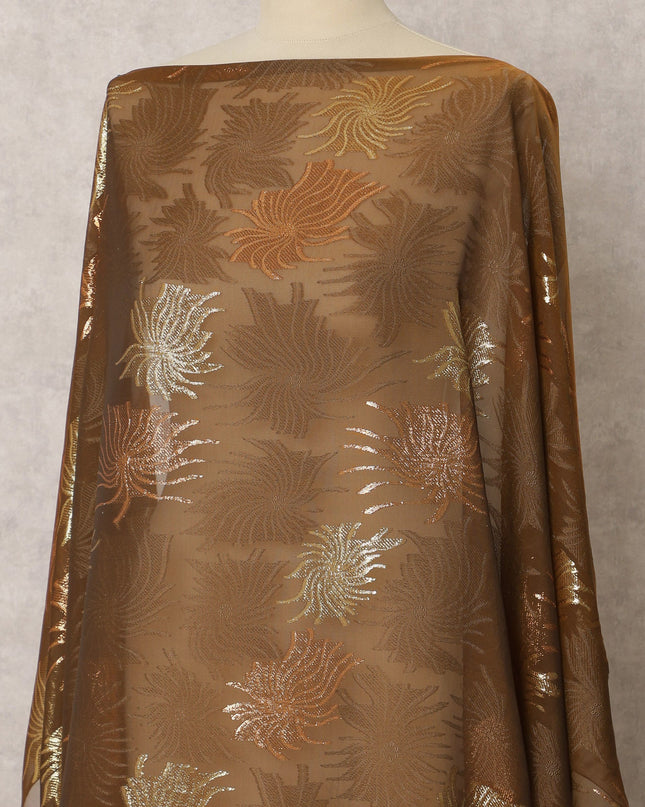 Brown Fransawi Silk Chiffon Dirac fabric with Metallic Lurex in Abstract Design - 3.5 Meters X 140 Cms-D21598