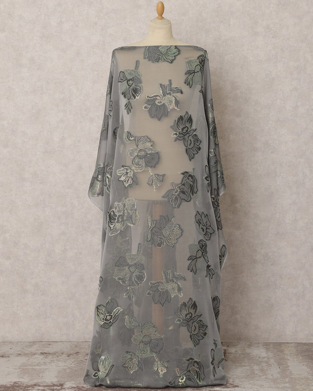 Grey Fransawi Silk Chiffon Dirac fabric with Floral Metallic Lurex in Abstract Design - 3.5 Meters X 140 Cms-D21599