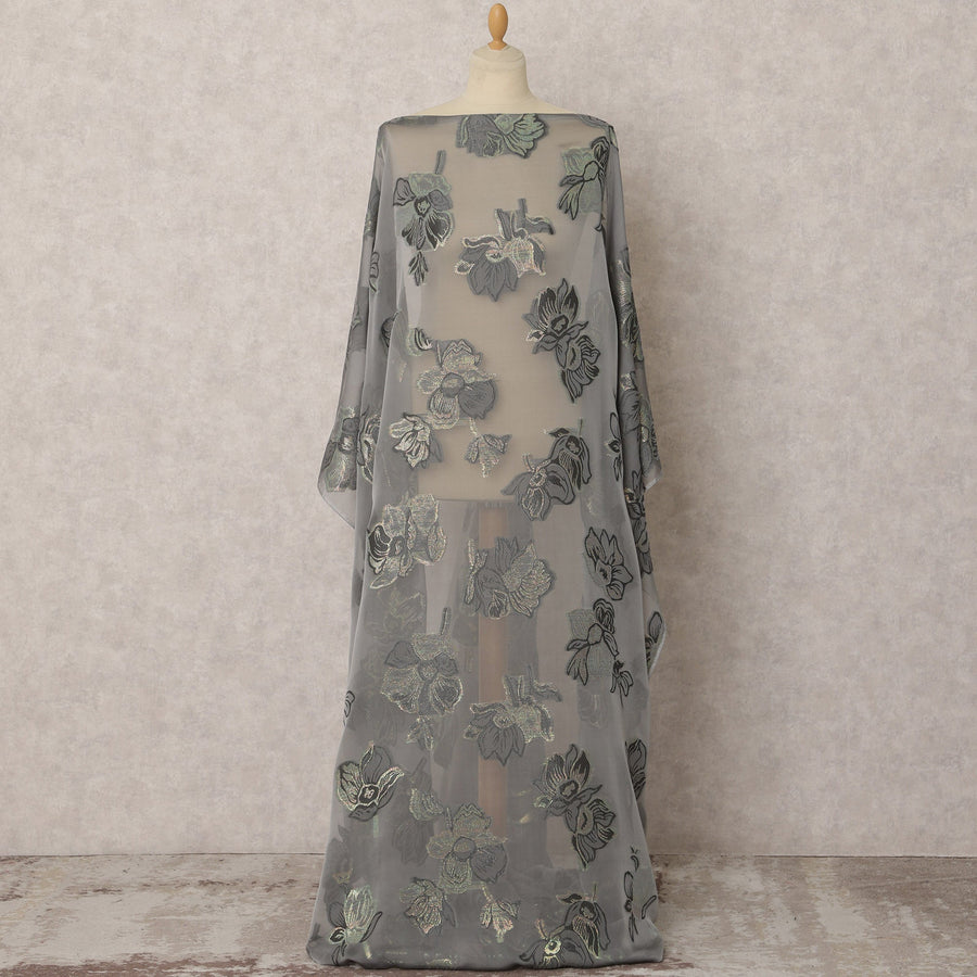 Grey Fransawi Silk Chiffon Dirac fabric with Floral Metallic Lurex in Abstract Design - 3.5 Meters X 140 Cms-D21599