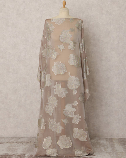 Beige Fransawi Silk Chiffon Dirac fabric with Floral Metallic Lurex in Abstract Design - 3.5 Meters X 140 Cms-D21600