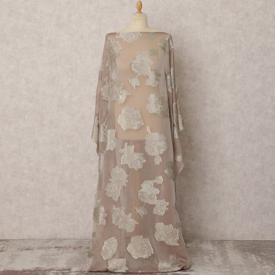 Beige Fransawi Silk Chiffon Dirac fabric with Floral Metallic Lurex in Abstract Design - 3.5 Meters X 140 Cms-D21600