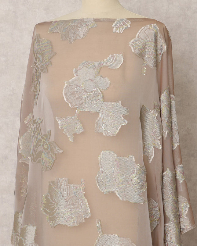 Beige Fransawi Silk Chiffon Dirac fabric with Floral Metallic Lurex in Abstract Design - 3.5 Meters X 140 Cms-D21600