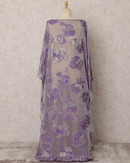 Lavender Fransawi Silk Chiffon Dirac fabric with Floral Metallic Lurex in Abstract Design - 3.5 Meters X 140 Cms-D21601