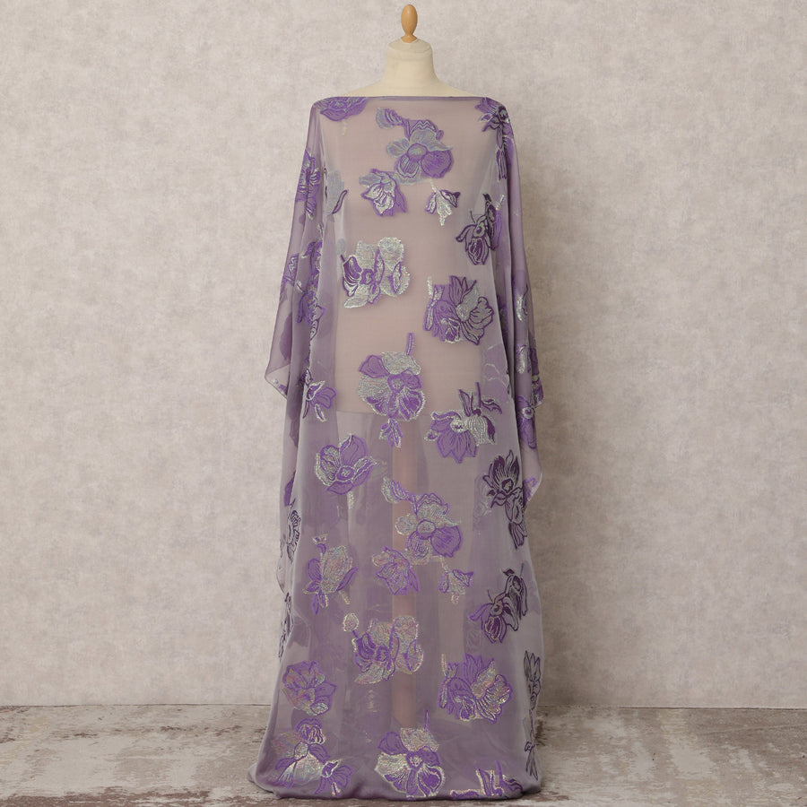 Lavender Fransawi Silk Chiffon Dirac fabric with Floral Metallic Lurex in Abstract Design - 3.5 Meters X 140 Cms-D21601