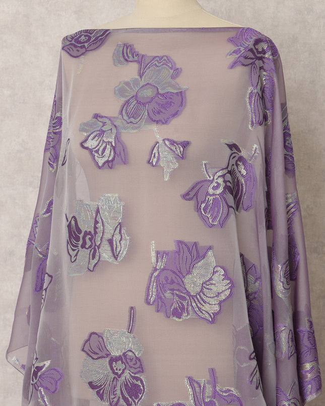 Lavender Fransawi Silk Chiffon Dirac fabric with Floral Metallic Lurex in Abstract Design - 3.5 Meters X 140 Cms-D21601