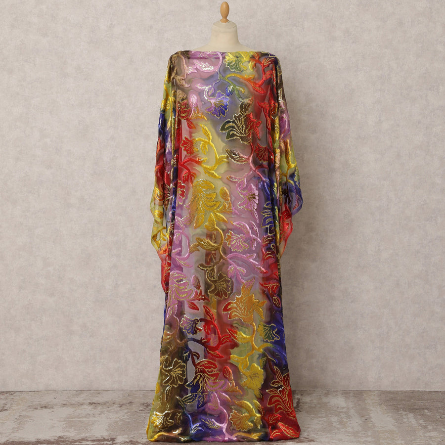 قماش ديراك من الحرير متعدد الألوان من الشيفون المخملي مع لوركس معدني بتصميم زهور تجريدي - 3.5 متر × 140 سم - D21602