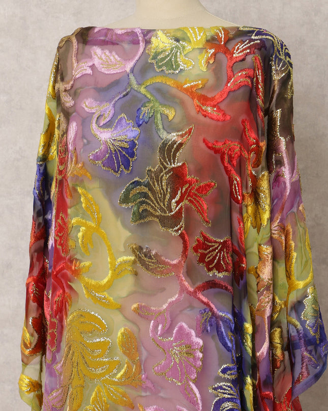 Multicolor Silk Chiffon Velvet Dirac fabric with Metallic Lurex in Floral in Abstract Design - 3.5 Meters X 140 Cms-D21602