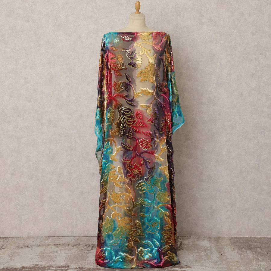 Turquoise and Red Multicolor Silk Chiffon Velvet Dirac fabric with Metallic Lurex in Floral in Abstract Design - 3.5 Meters X 140 Cms-D21603 Regal Fabrics