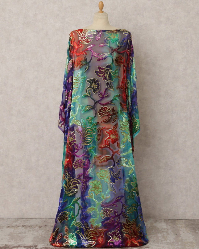 Rainbow Multicolor Silk Chiffon Velvet Dirac fabric with Metallic Lurex in Floral in Abstract Design - 3.5 Meters X 140 Cms-D21604