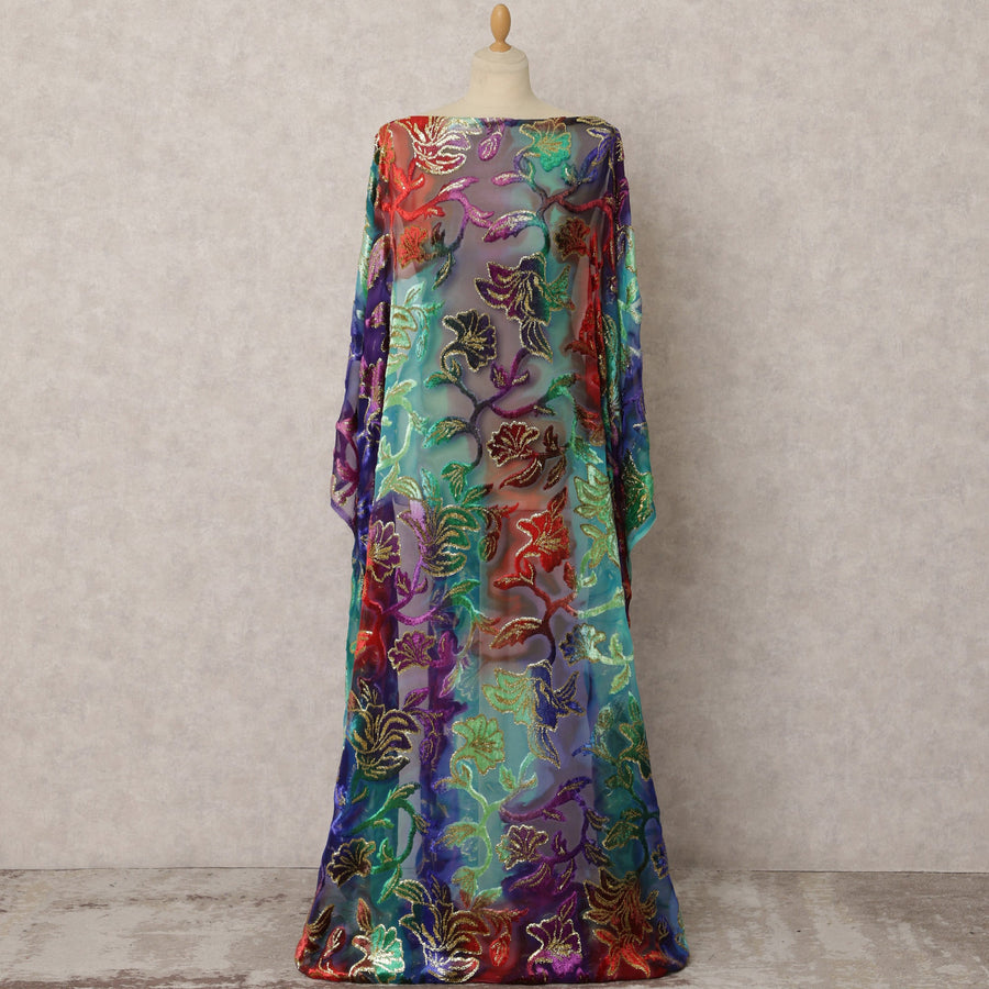 Rainbow Multicolor Silk Chiffon Velvet Dirac fabric with Metallic Lurex in Floral in Abstract Design - 3.5 Meters X 140 Cms-D21604