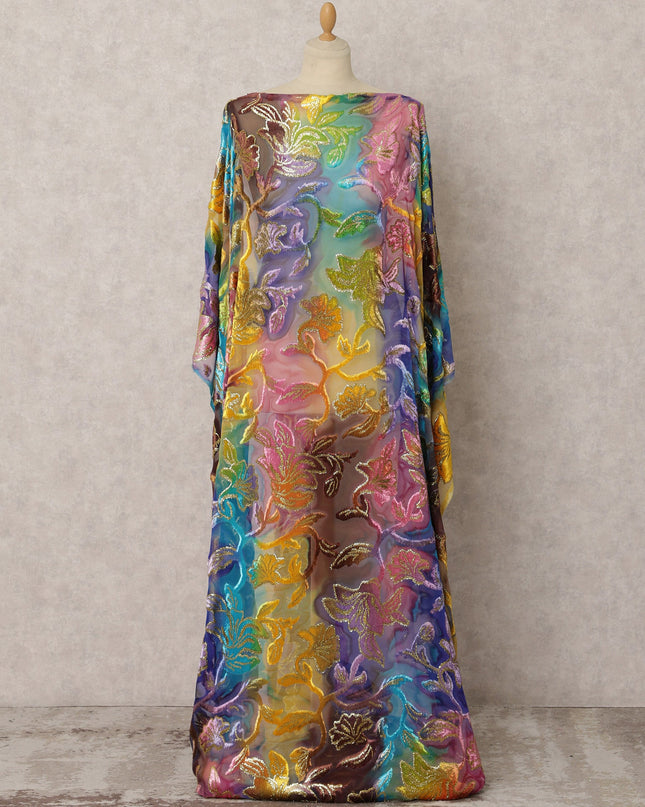 Pastel Rainbow Silk Chiffon Velvet Dirac fabric with Metallic Lurex in Floral in Floral Design - 3.5 Meters X 140 Cms-D21605