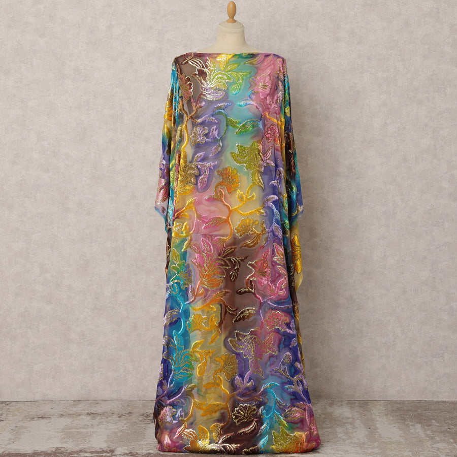 Pastel Rainbow Silk Chiffon Velvet Dirac fabric with Metallic Lurex in Floral in Floral Design - 3.5 Meters X 140 Cms-D21605