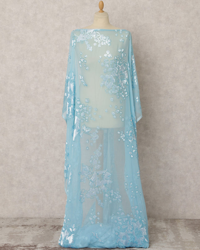 Sky Blue Silk Chiffon Velvet Dirac fabric with Metallic Lurex Design - 3.5 Meters X 140 Cms-D21606