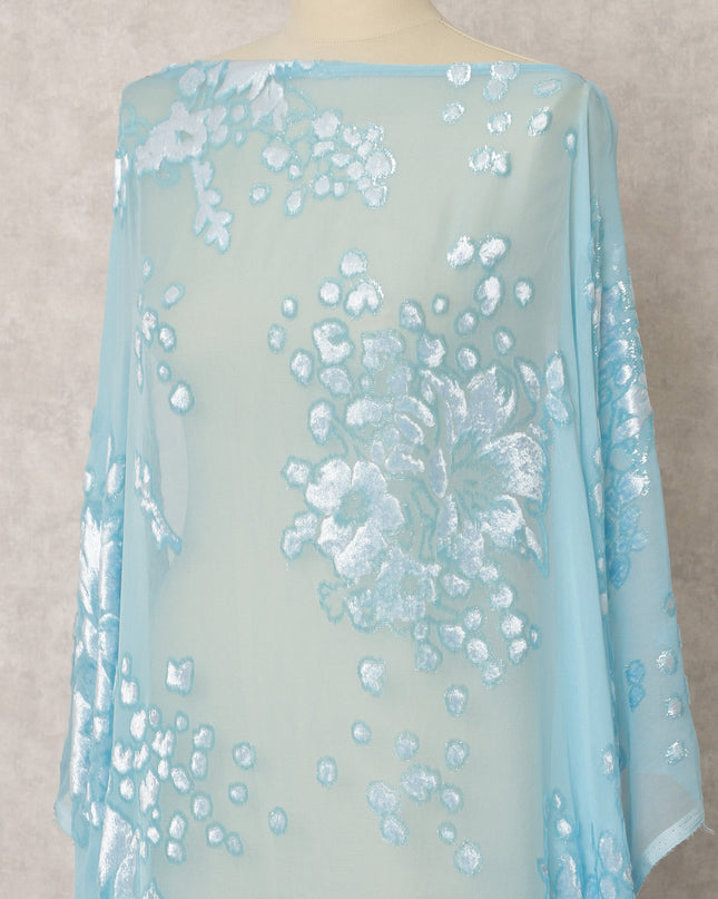 Sky Blue Silk Chiffon Velvet Dirac fabric with Metallic Lurex Design - 3.5 Meters X 140 Cms-D21606