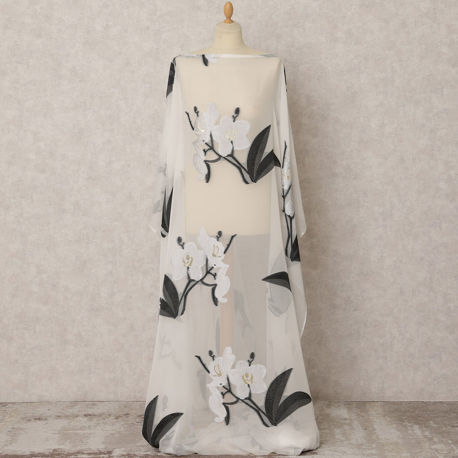 White Fransawi Silk Chiffon Dirac fabric with Floral Metallic Lurex in Abstract Design - 3.5 Meters X 140 Cms-D21607 Regal Fabrics