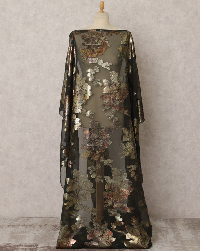 Olive Green Fransawi Silk Chiffon Dirac fabric with Floral Metallic Lurex in Abstract Design - 3.5 Meters X 140 Cms-D21608