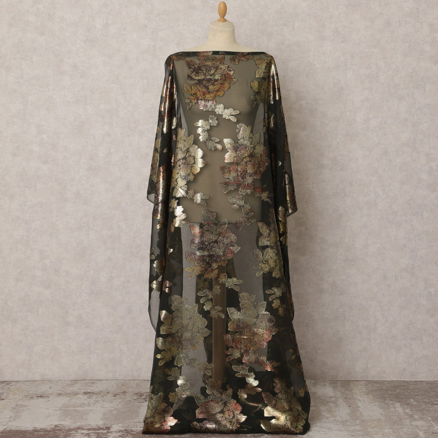 Olive Green Fransawi Silk Chiffon Dirac fabric with Floral Metallic Lurex in Abstract Design - 3.5 Meters X 140 Cms-D21608 Regal Fabrics