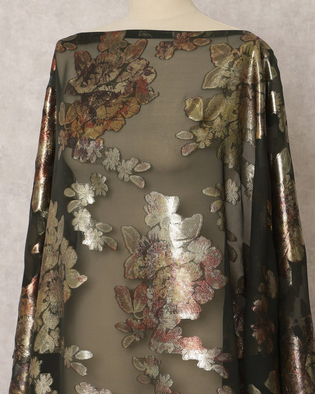 Olive Green Fransawi Silk Chiffon Dirac fabric with Floral Metallic Lurex in Abstract Design - 3.5 Meters X 140 Cms-D21608