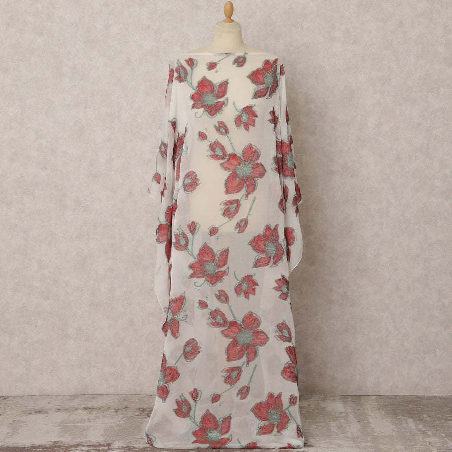 White Fransawi Silk Chiffon Dirac fabric with Red Floral Metallic Lurex in Abstract Design - 3.5 Meters X 140 Cms-D21609