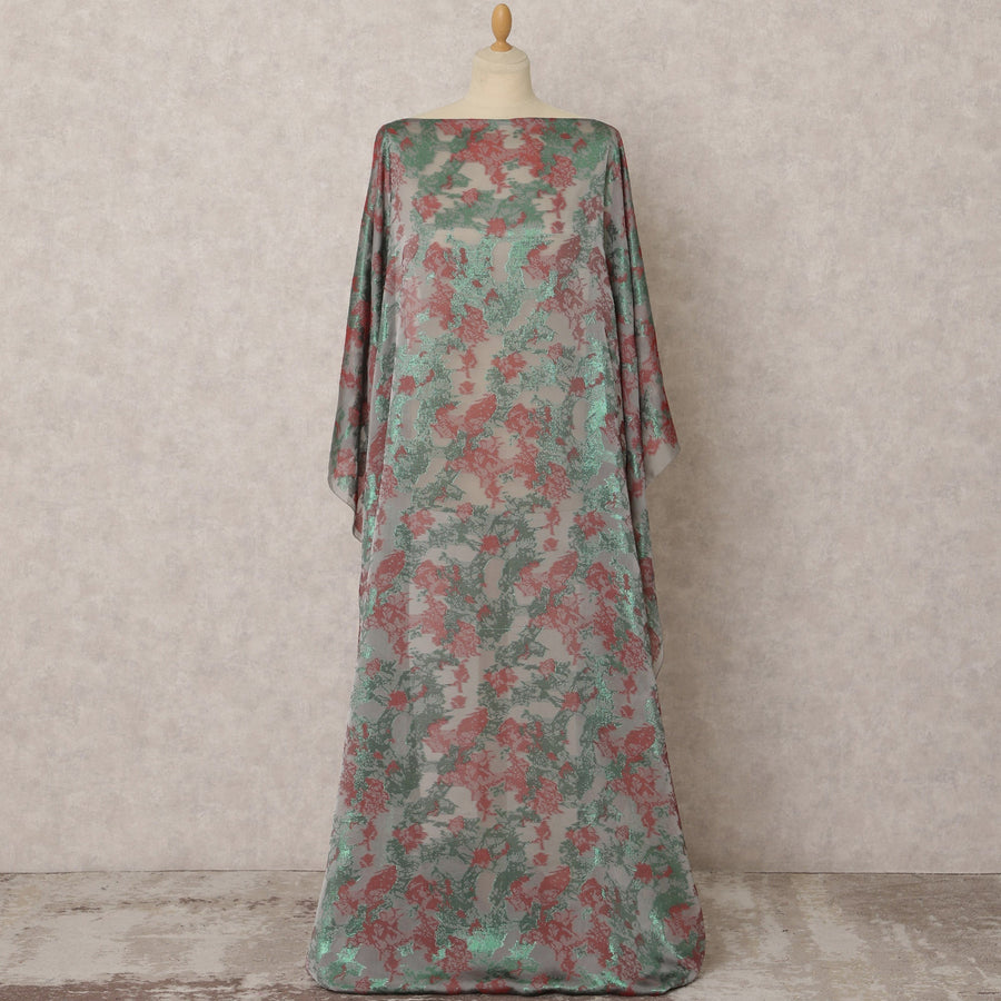 Green and Red Fransawi Silk Chiffon Dirac fabric with Metallic Lurex in Abstract Design - 3.5 Meters X 140 Cms-D21610 Regal Fabrics