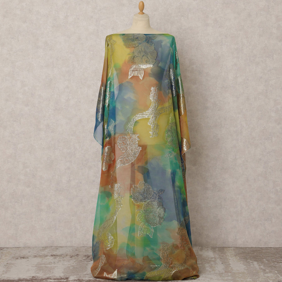 Multicolor Fransawi Silk Chiffon Dirac fabric with Metallic Lurex in Abstract Design - 3.5 Meters X 140 Cms-D21611