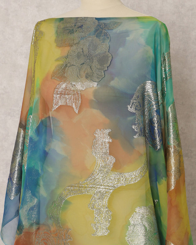 Multicolor Fransawi Silk Chiffon Dirac fabric with Metallic Lurex in Abstract Design - 3.5 Meters X 140 Cms-D21611